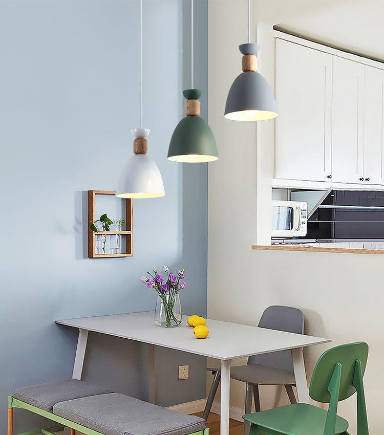 Moderne beknopte macaron hangende lamp houten koepel hanger licht met gelakte ijzeren schaduw