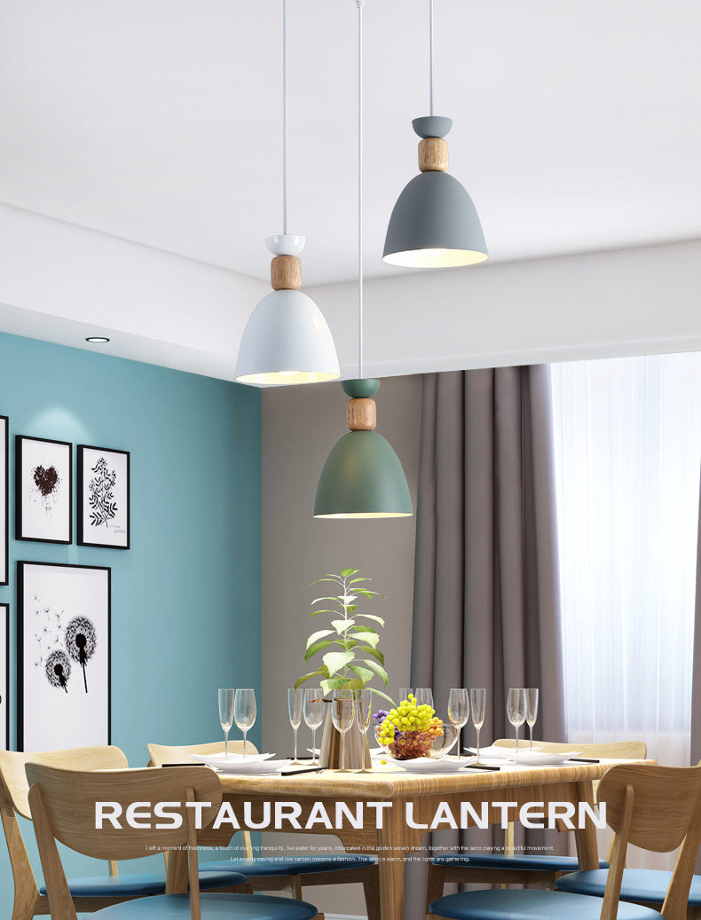 Moderne beknopte macaron hangende lamp houten koepel hanger licht met gelakte ijzeren schaduw