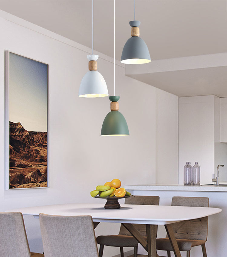 Moderne beknopte macaron hangende lamp houten koepel hanger licht met gelakte ijzeren schaduw