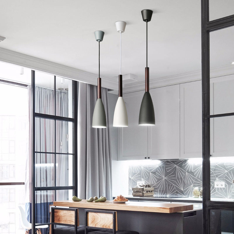 Modern Concise Macaron Pendant Light Wooden Cone Hanging Lamp with Wrought Iron Shade