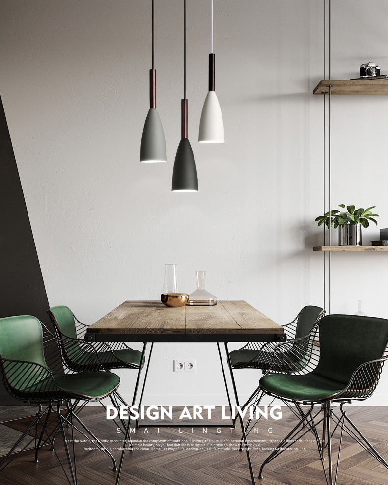 Modern Concise Macaron Pendant Light Wooden Cone Hanging Lamp with Wrought Iron Shade