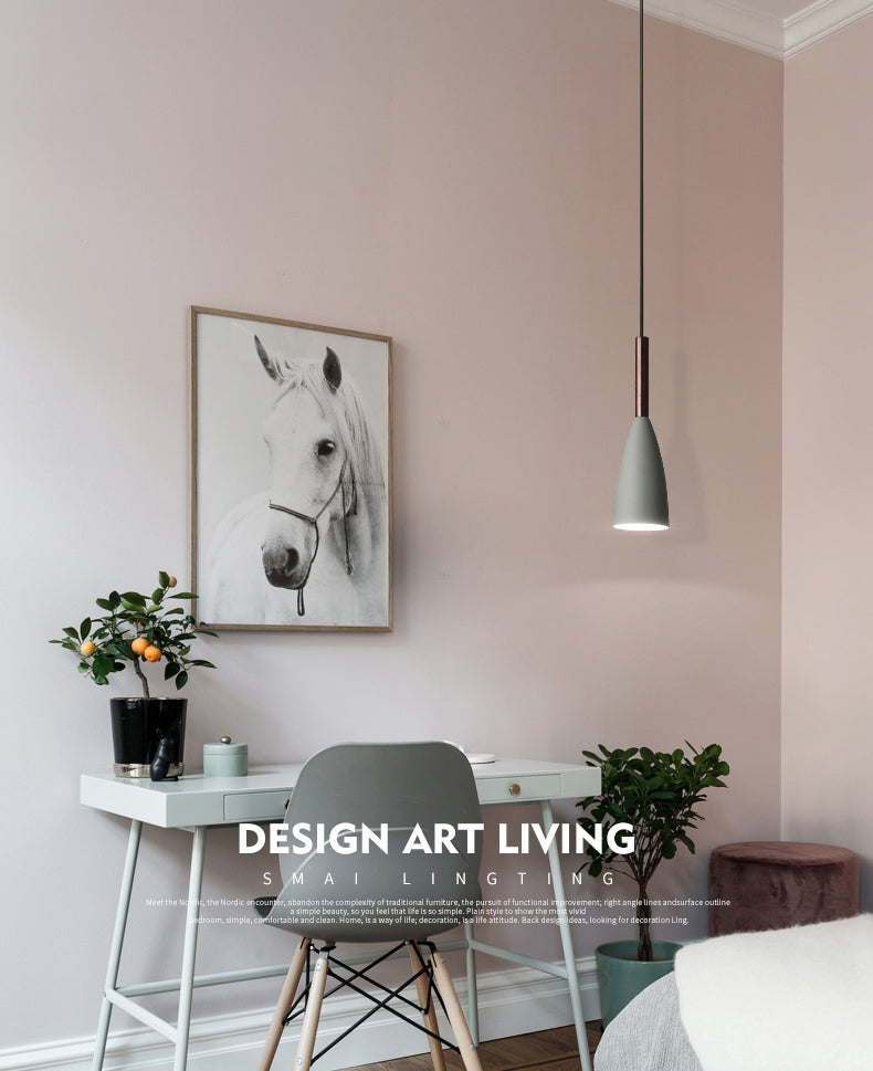 Modern Concise Macaron Pendant Light Wooden Cone Hanging Lamp with Wrought Iron Shade