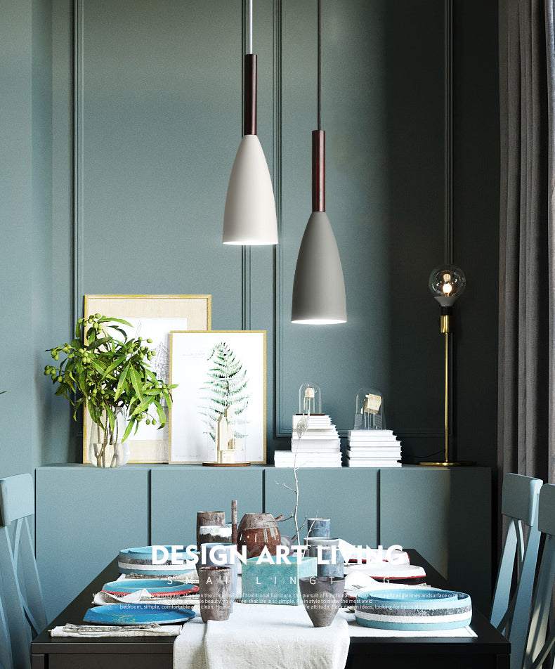 Modern Concise Macaron Pendant Light Wooden Cone Hanging Lamp with Wrought Iron Shade