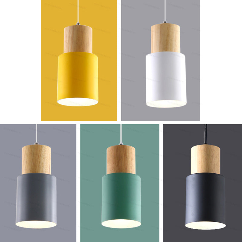 Makkaron -einzelne Anhänger Licht im modernen präzisen Stil Holzzylindroid -Hängelampe mit Eisenschatten