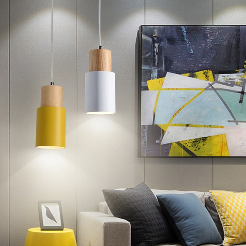 Makkaron -einzelne Anhänger Licht im modernen präzisen Stil Holzzylindroid -Hängelampe mit Eisenschatten