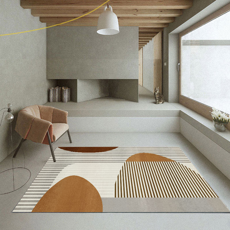 Brown Modern Area Carpet Stripe Pattern Polyester Area Rug Non-Slip Backing Rug for Living Room