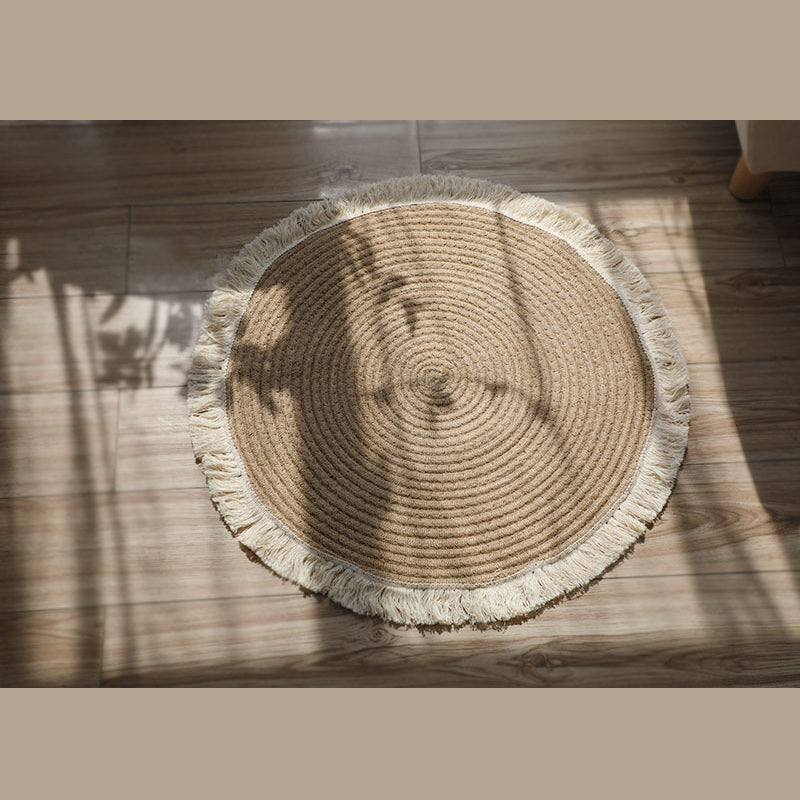 Beige Solid Color Area Carpet Polyester Fringe Area Rug Easy Care Washable Rug for Living Room