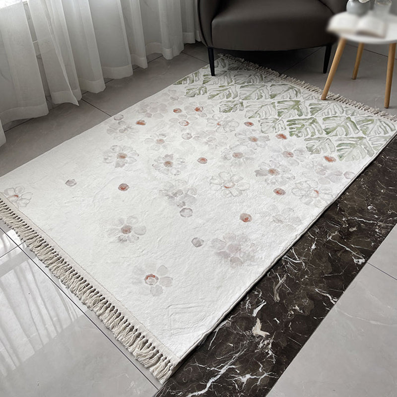 White Area Rug Polyester Floral Pattern Rug Fringe Washable Area Carpet for Living Room