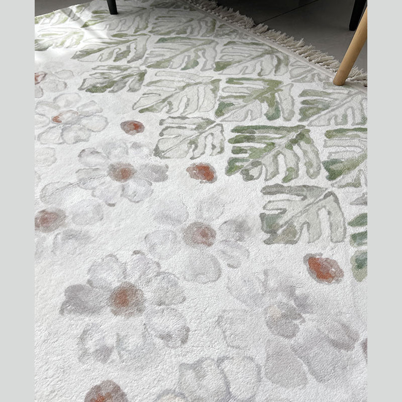 White Area Rug Polyester Floral Pattern Rug Fringe Washable Area Carpet for Living Room