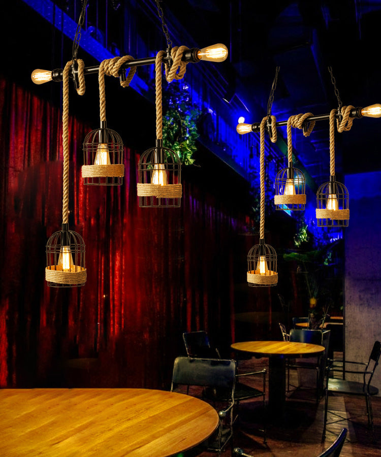 Birdcage Island Chandelier Lights Industrial Rope Chandelier Lighting Fixtures for Dining Table
