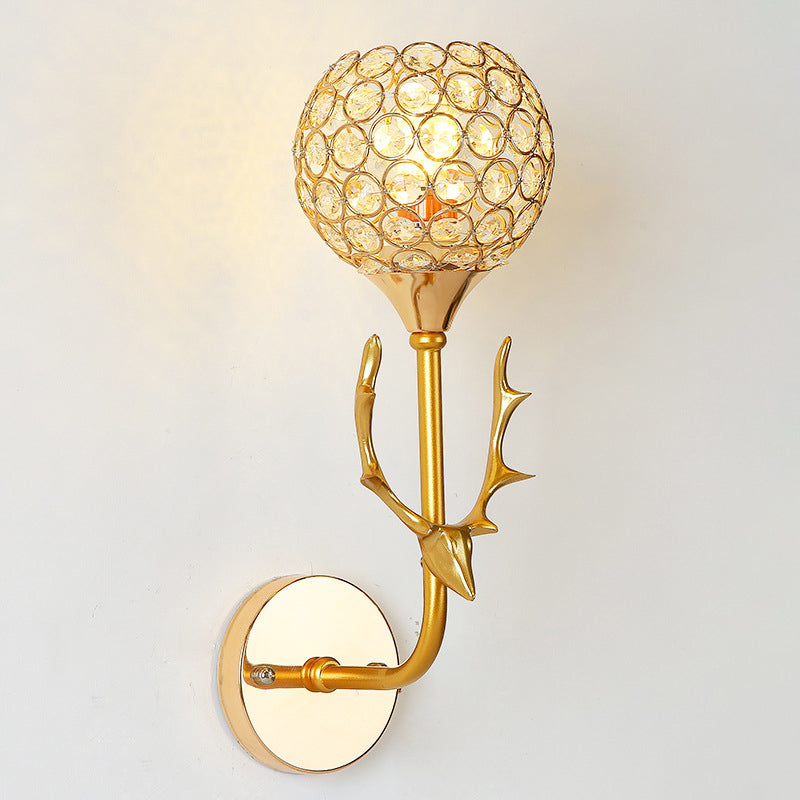 Gold Deer Head Wall Lamp Fixture Minimalist Metal Sconce Light with Ball Crystal Shade