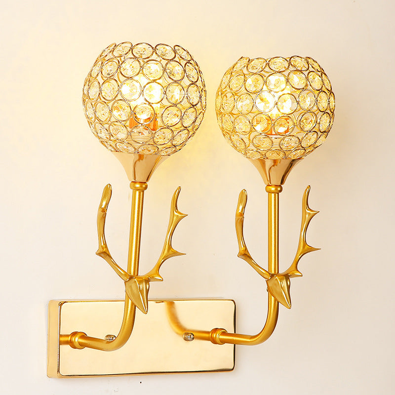 Gold Deer Head Wall Lamp Fixture Minimalist Metal Sconce Light with Ball Crystal Shade