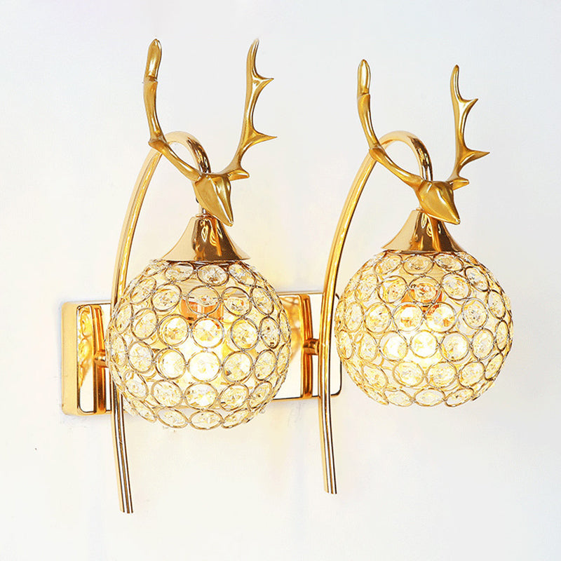 Gold Deer Head Wall Lamp Fixture Minimalist Metal Sconce Light with Ball Crystal Shade