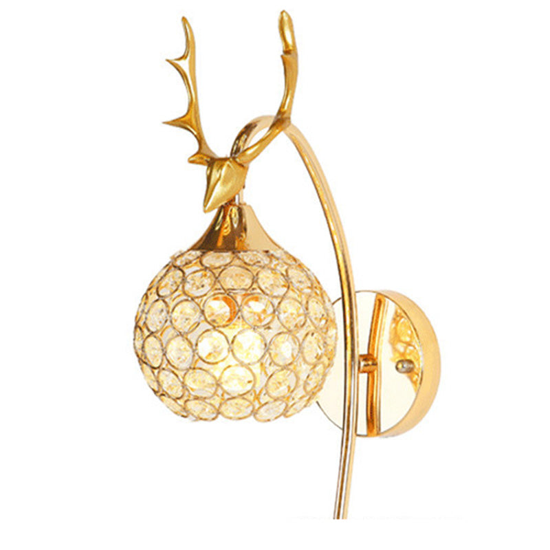 Gold Deer Head Wall Lamp Fixture Minimalist Metal Sconce Light with Ball Crystal Shade