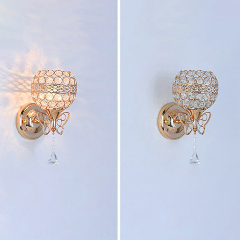 Spherical Dining Room Wall Light Fixture Crystal 1-Light Modern Sconce Light in Gold