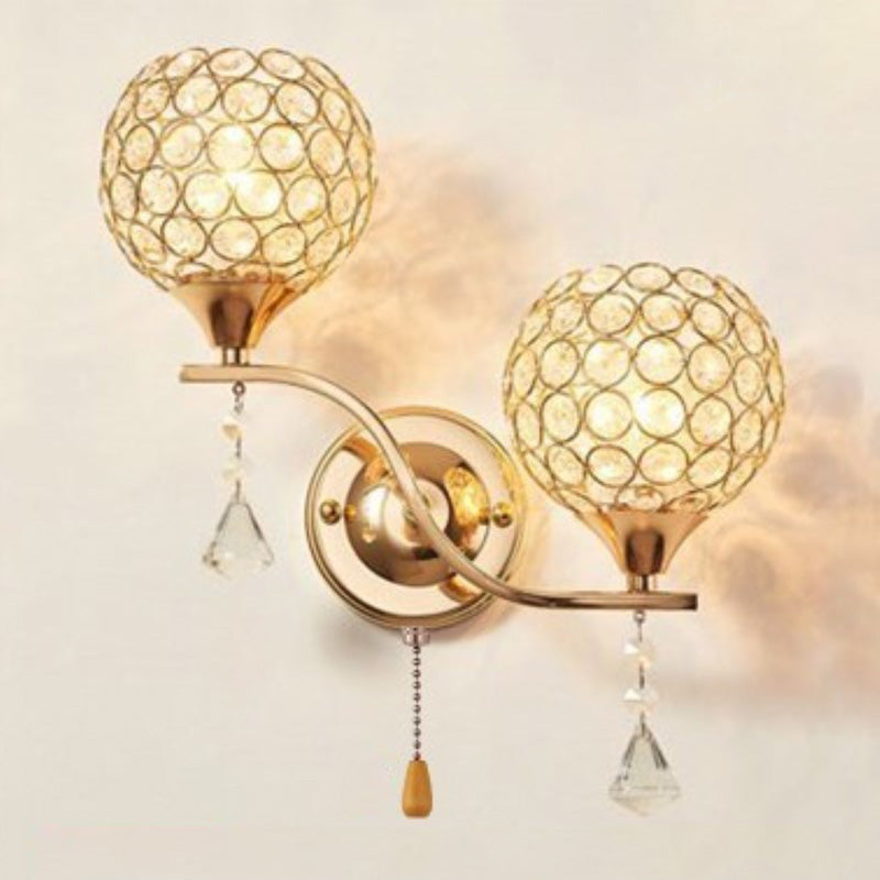 Modern Pull-Chain Wall Lamp Gold Global Wall Mounted Light with Crystal Shade