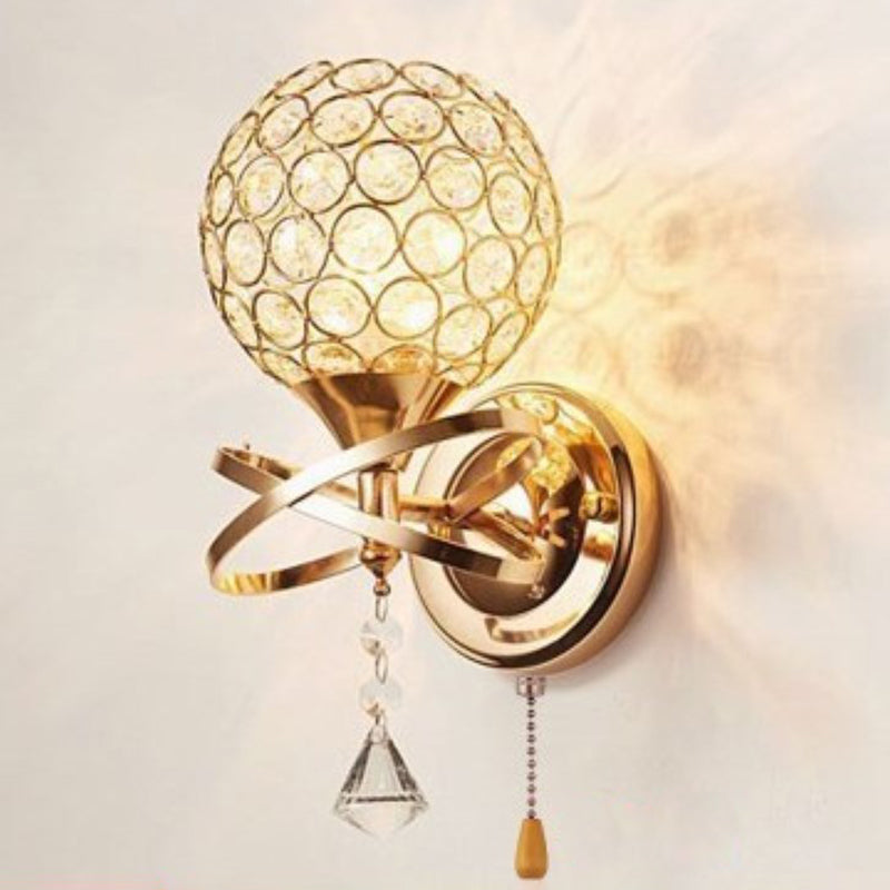 Modern Pull-Chain Wall Lamp Gold Global Wall Mounted Light with Crystal Shade