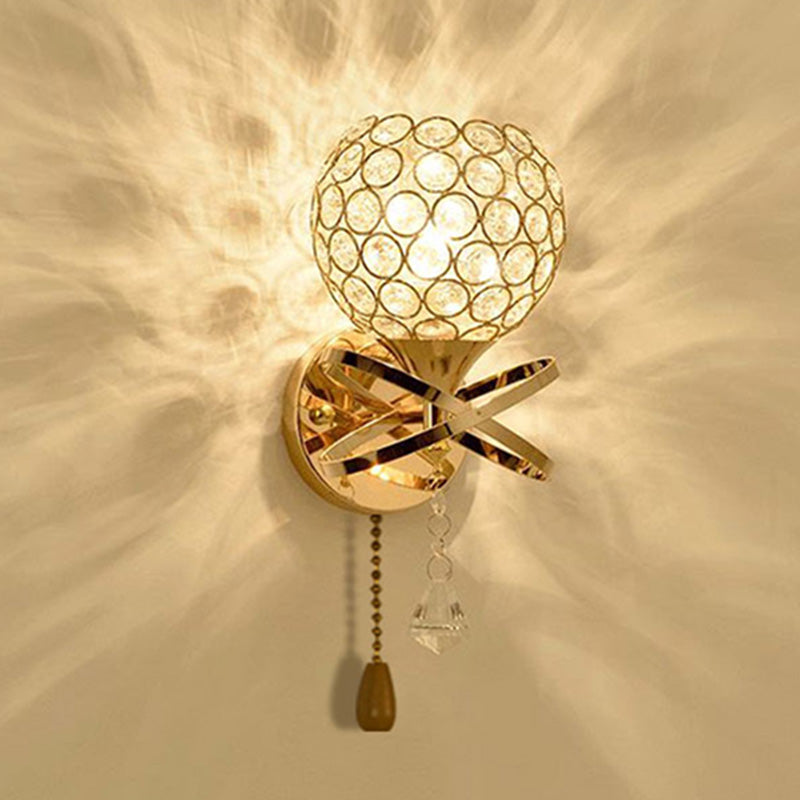 Modern Pull-Chain Wall Lamp Gold Global Wall Mounted Light with Crystal Shade