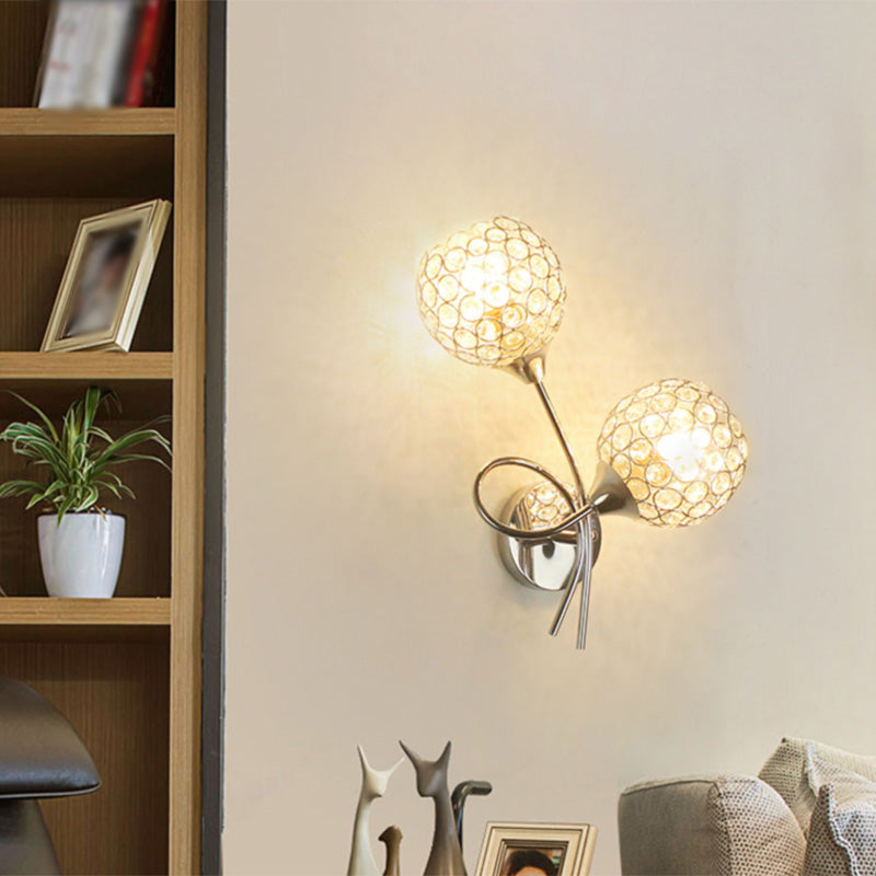 Silver Globe Wall Mounted Light Modern 2-Head Crystal Wall Sconce for Living Room