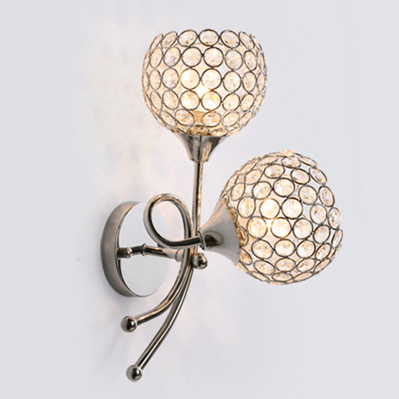 Silver Globe Wall Mounted Light Modern 2-Head Crystal Wall Sconce for Living Room
