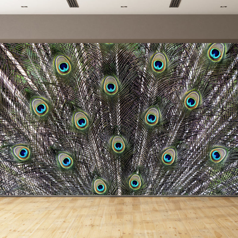 Photography Peacock Feather Mural Wallpaper Moisture Resistant for Sitting Room