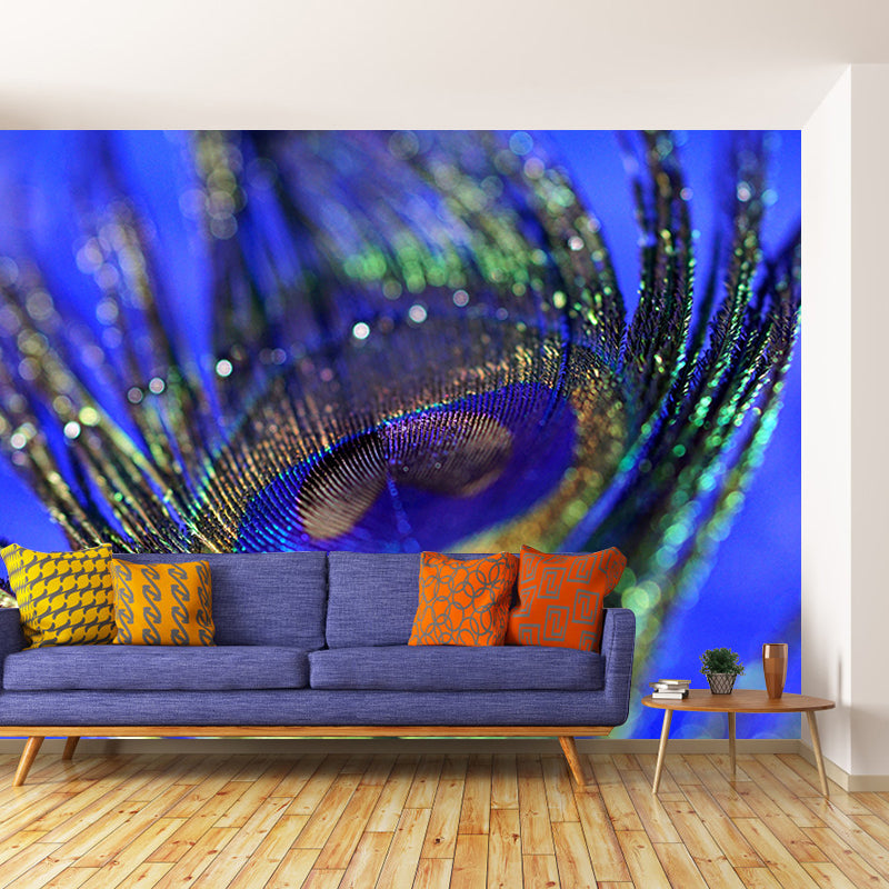 Photography Peacock Feather Mural Wallpaper Moisture Resistant for Sitting Room