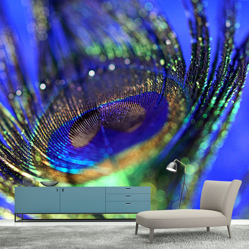 Photography Peacock Feather Mural Wallpaper Moisture Resistant for Sitting Room