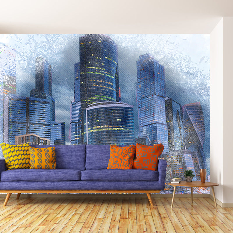 City Illustration Wall Mural Decal for Meeting Room, Moisture Resistant