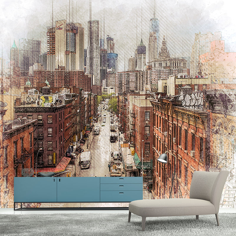 City Illustration Wall Mural Decal for Meeting Room, Moisture Resistant