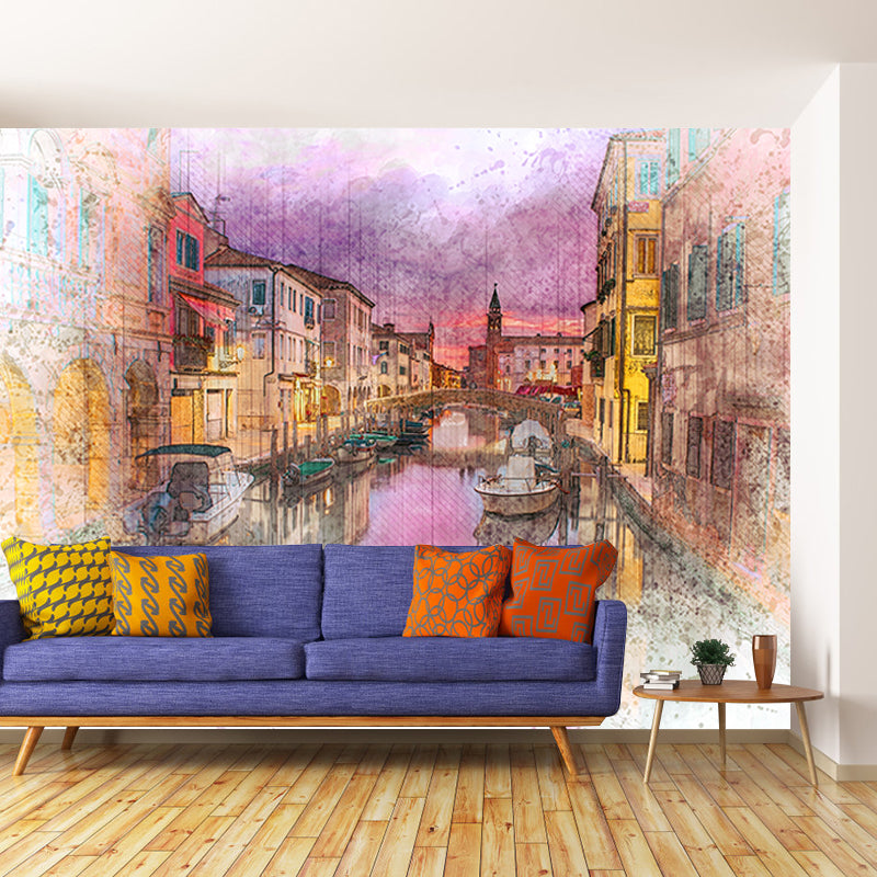 City Illustration Wall Mural Decal for Meeting Room, Moisture Resistant