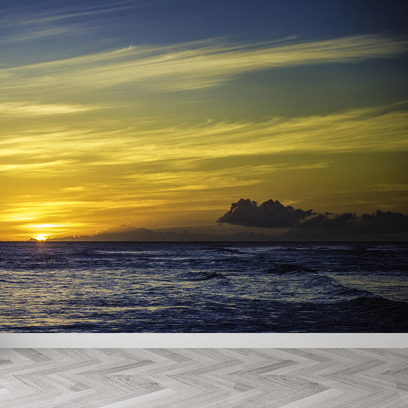 Caribbean Sea Mural Nature Sunset Scenery Wall Covering in Soft Color for Bathroom