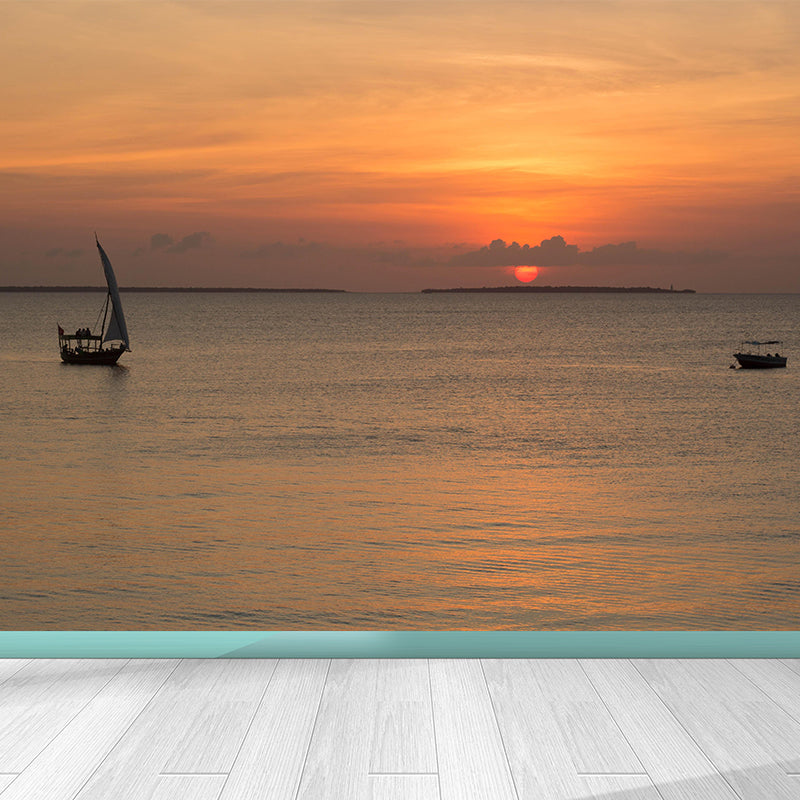 Caribbean Sea Mural Nature Sunset Scenery Wall Covering in Soft Color for Bathroom