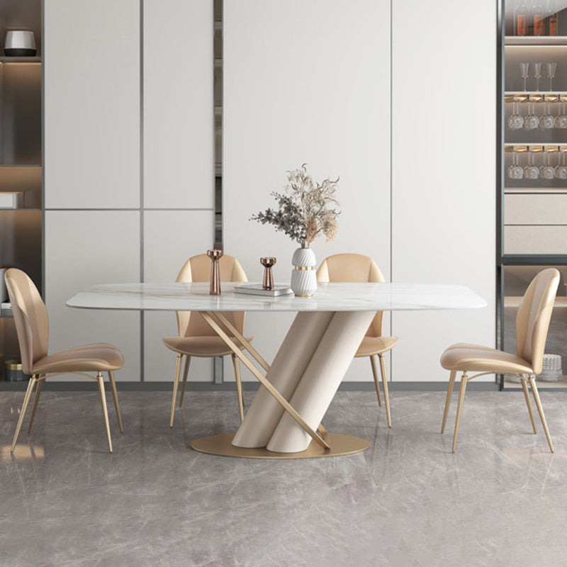 Modern Sintered Stone White Dining Set with Rectangle Table and Metal Base Home Use Dining Set