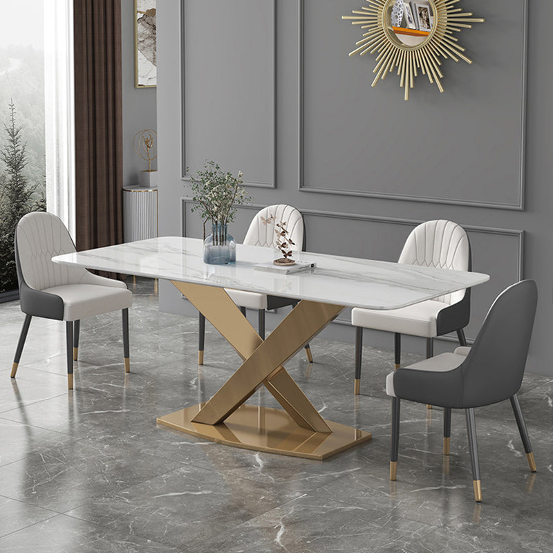 Modern Sintered Stone White Dining Set with Rectangle Table and Gold Legs Formal Dining Set