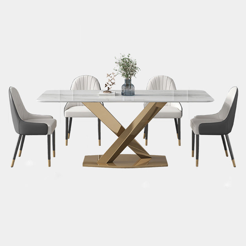 Modern Sintered Stone White Dining Set with Rectangle Table and Gold Legs Formal Dining Set