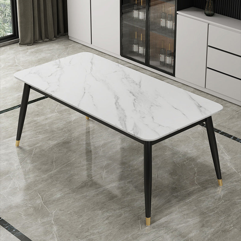 Contemporary Fixed Marble Dining Table Set with 4 Black Metallic Legs Kitchen Dining Set