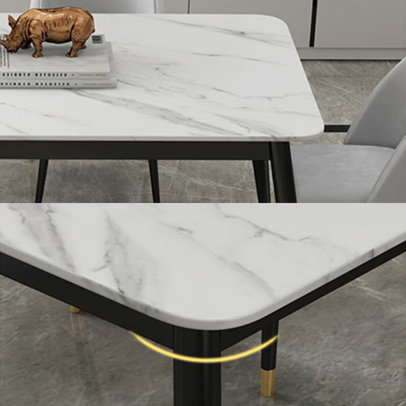 Contemporary Fixed Marble Dining Table Set with 4 Black Metallic Legs Kitchen Dining Set
