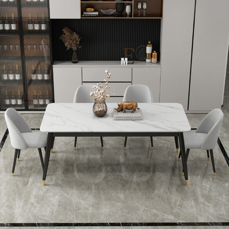 Contemporary Fixed Marble Dining Table Set with 4 Black Metallic Legs Kitchen Dining Set
