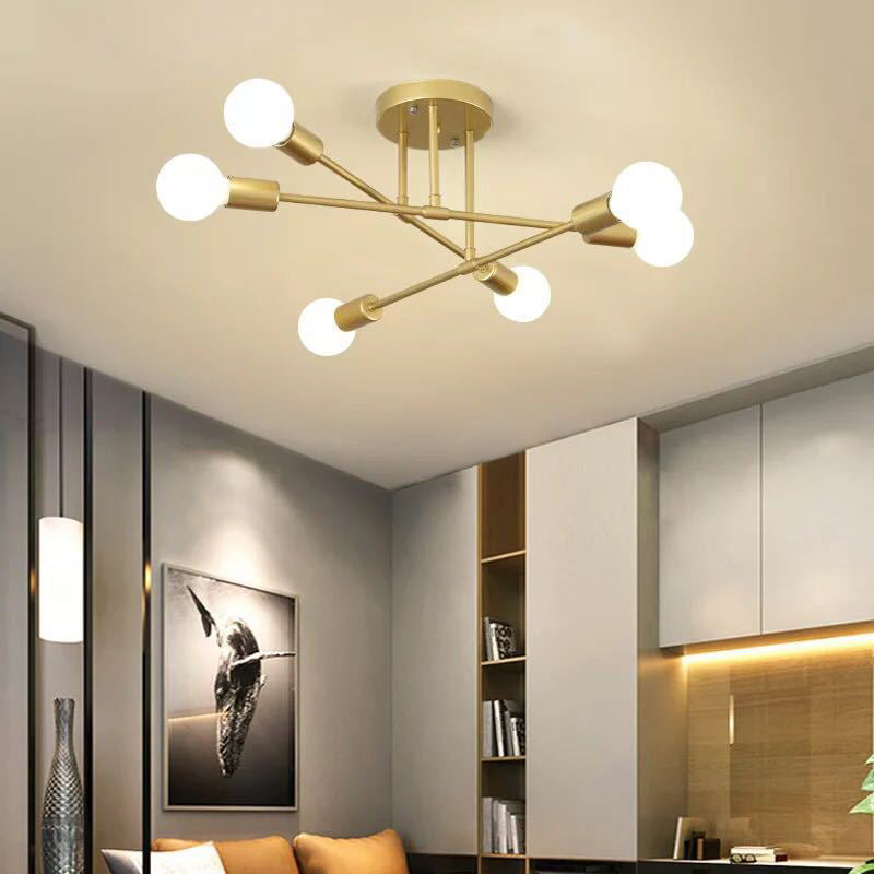Industrial Vintage 6-Light Ceiling Light Wrought Iron Bare Bulb Semi Flush Mount for Living Room