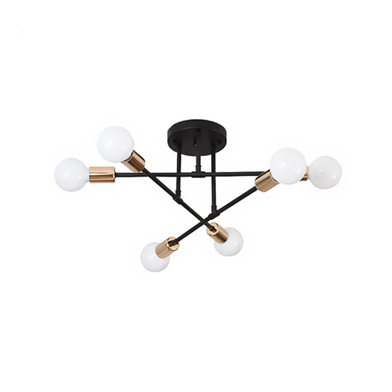 Industrial Vintage 6-Light Ceiling Light Wrought Iron Bare Bulb Semi Flush Mount for Living Room