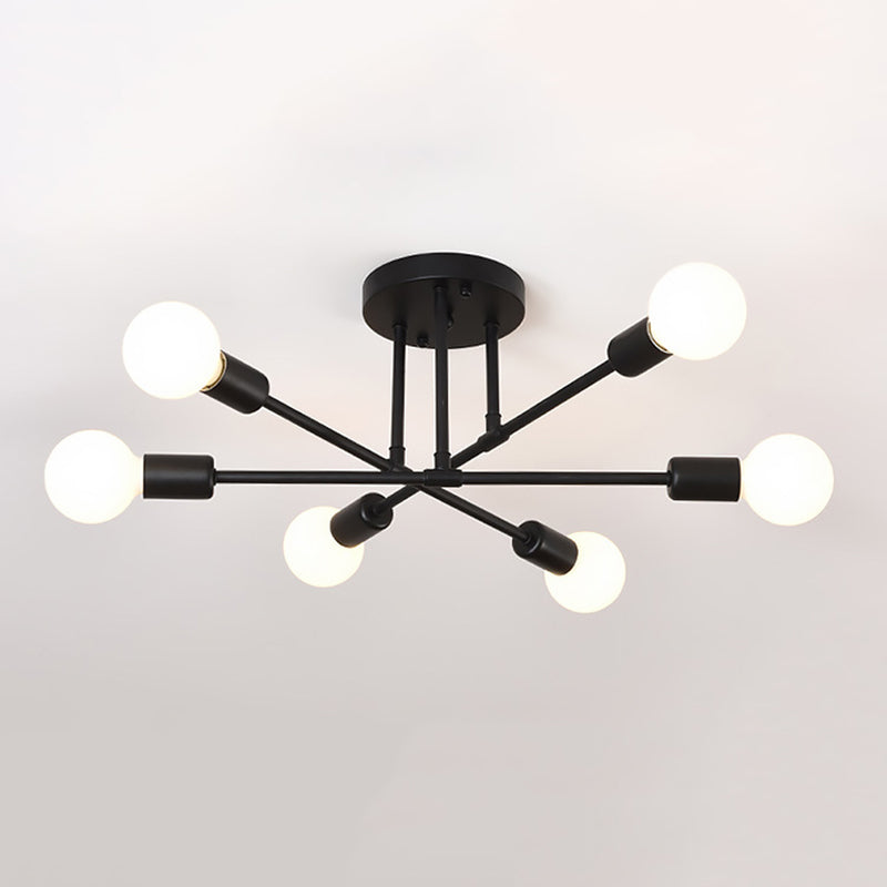 Industrial Vintage 6-Light Ceiling Light Wrought Iron Bare Bulb Semi Flush Mount for Living Room