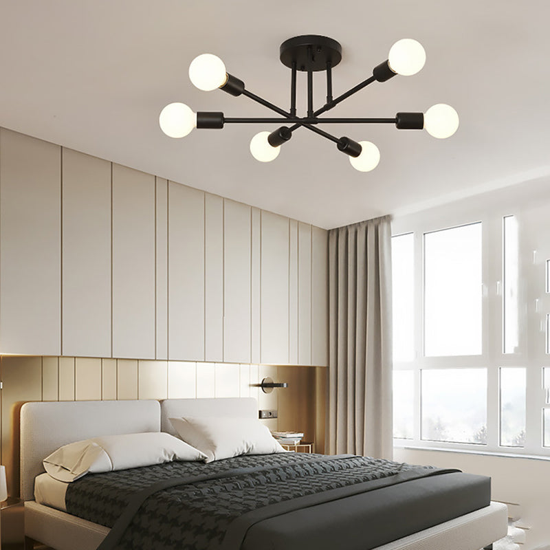 Industrial Vintage 6-Light Ceiling Light Wrought Iron Bare Bulb Semi Flush Mount for Living Room
