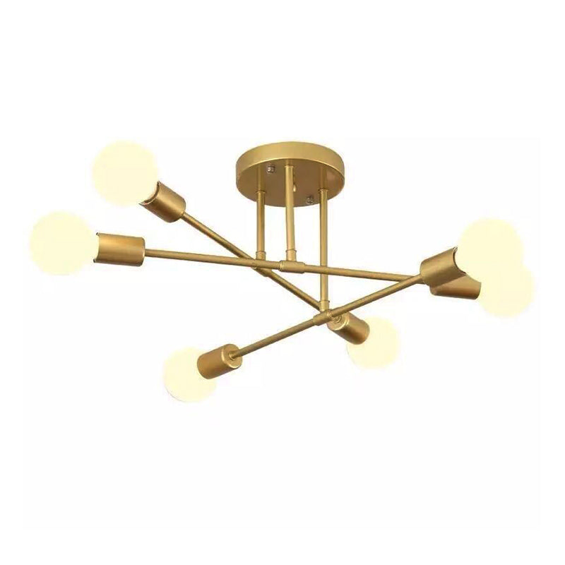 Industrial Vintage 6-Light Ceiling Light Wrought Iron Bare Bulb Semi Flush Mount for Living Room