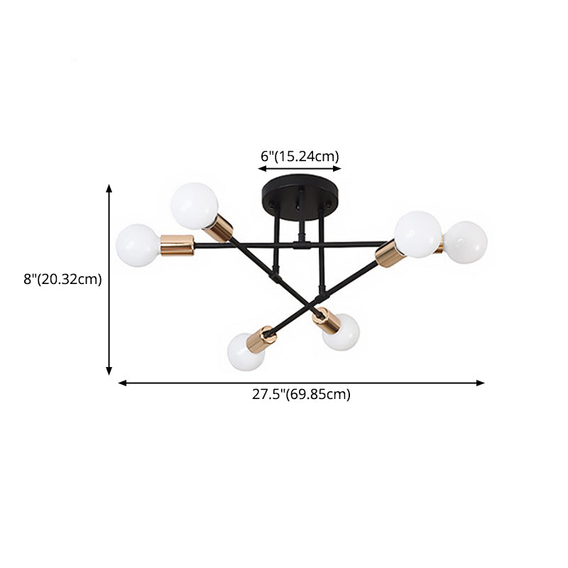Industrial Vintage 6-Light Ceiling Light Wrought Iron Bare Bulb Semi Flush Mount for Living Room