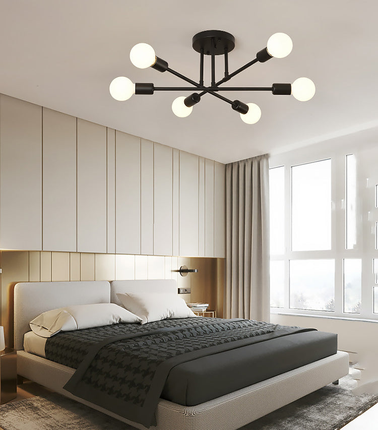 Industrial Vintage 6-Light Ceiling Light Wrought Iron Bare Bulb Semi Flush Mount for Living Room