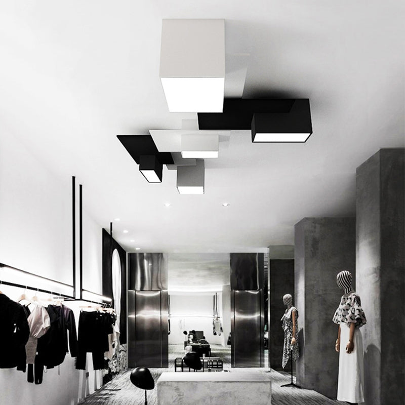 Plafonnier LED noir et blanc en fer de simplicité moderne, plafonnier géométrique avec abat-jour en acrylique