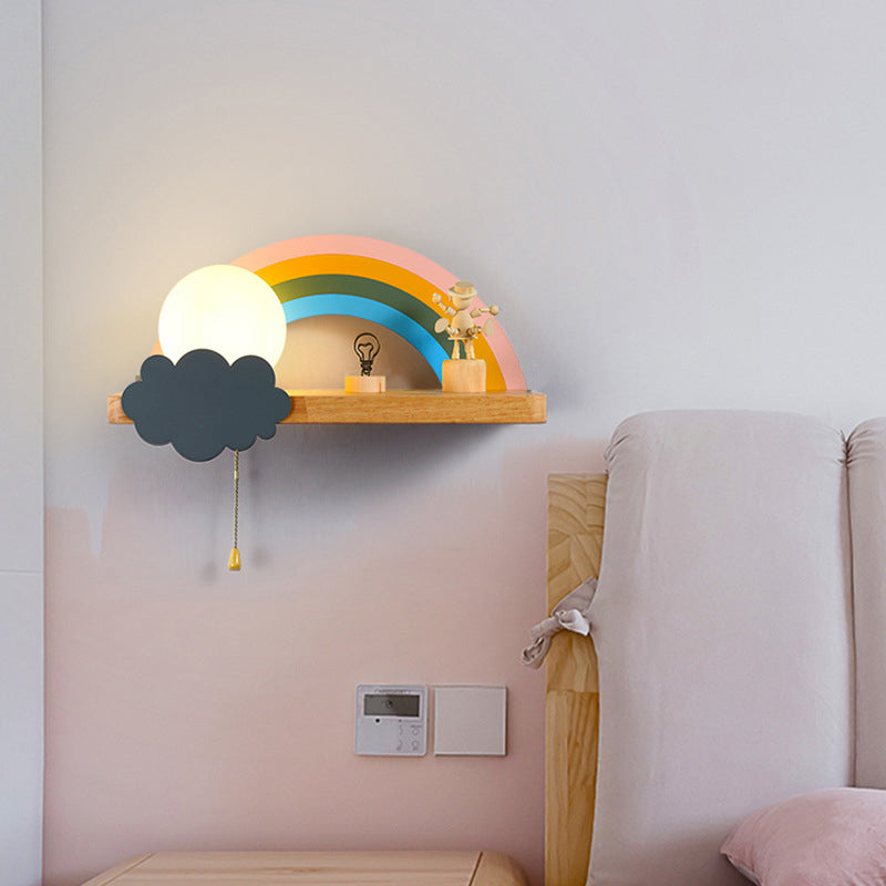 1-Light Round Wall Sconce Modern Simple Wood Style Glass Wall Lighting in Brown