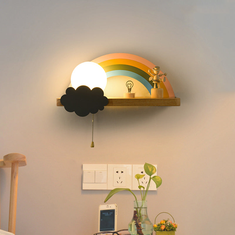 1-Light Round Wall Sconce Modern Simple Wood Style Glass Wall Lighting in Brown