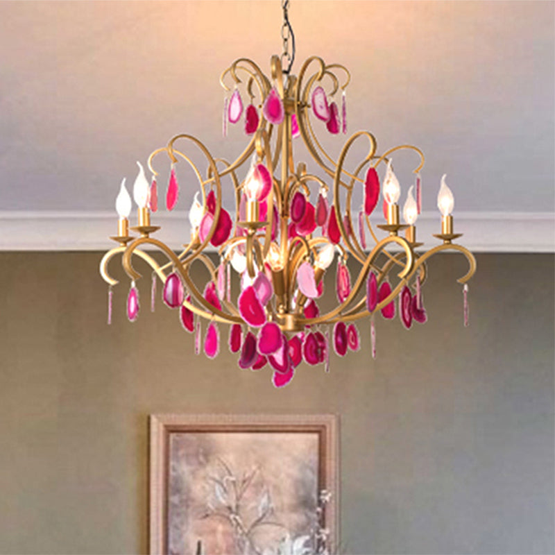 Metal Candelabra Ceiling Chandelier Rural 5/9/12 Lights Dining Room Hanging Pendant Light in Red/Blue/Rose Red