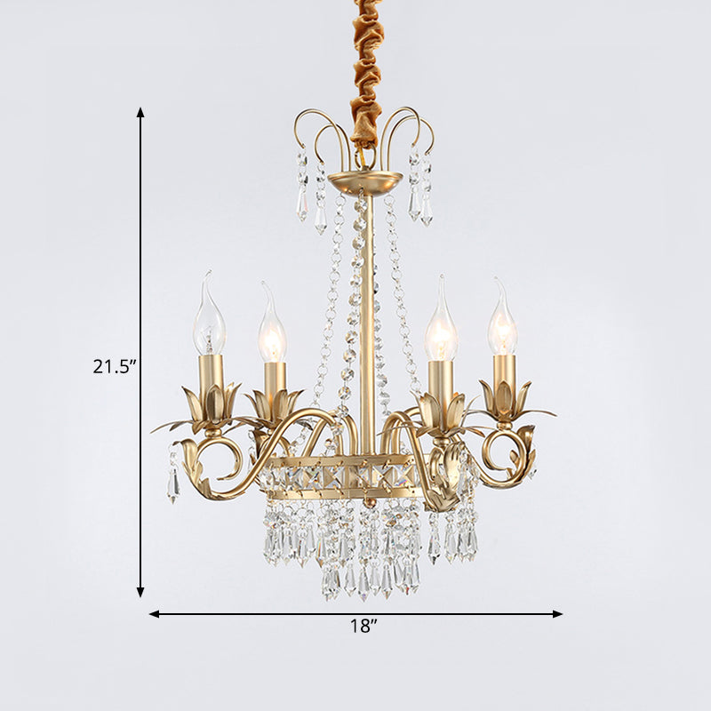 Curved Arm Crystal Chandelier Lamp Countryside 4/8 Lights Living Room Drop Pendant in Gold